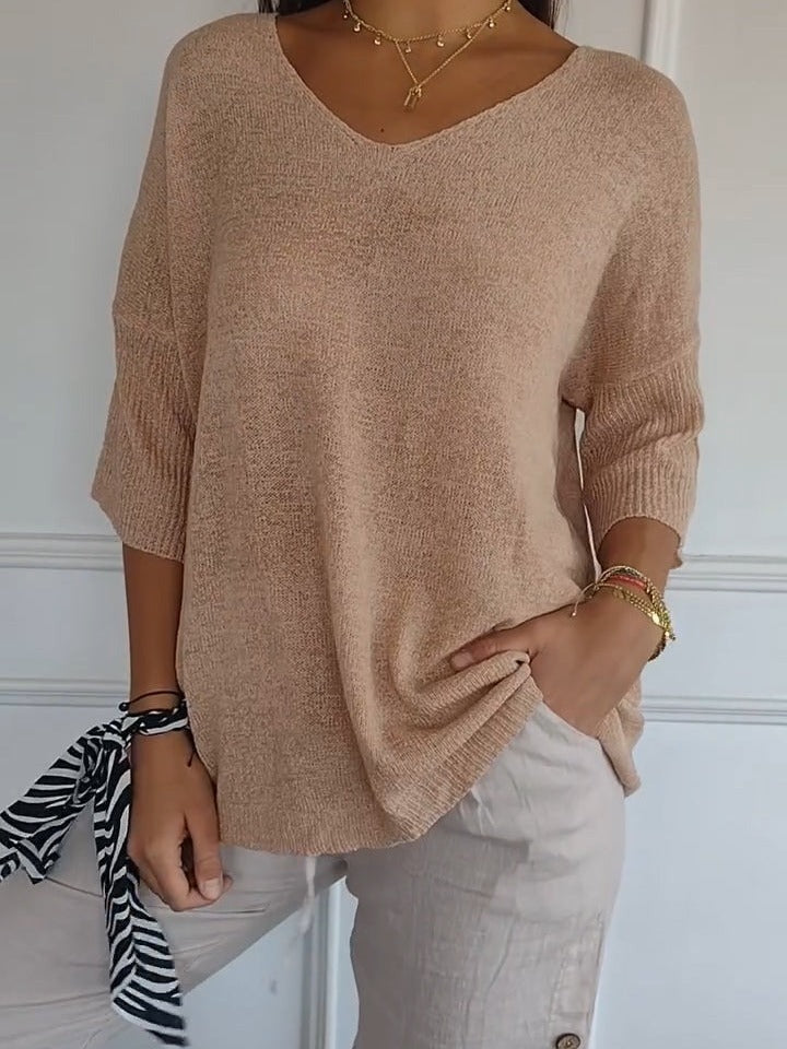 Slimming V-neckline Solid Color Knitwear Women's Bottoming Shirt