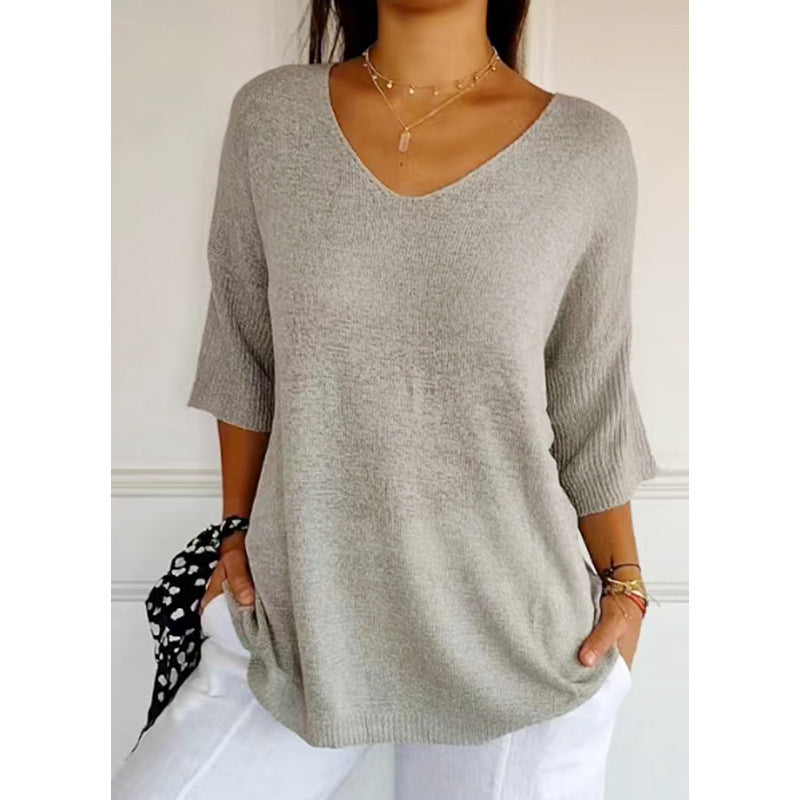 Slimming V-neckline Solid Color Knitwear Women's Bottoming Shirt