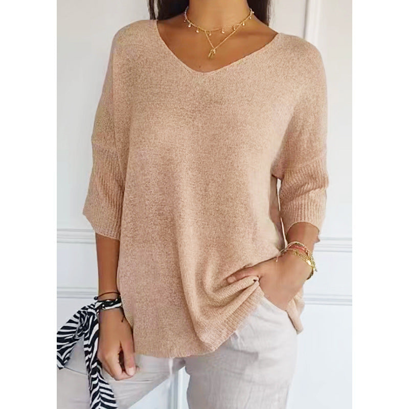 Slimming V-neckline Solid Color Knitwear Women's Bottoming Shirt