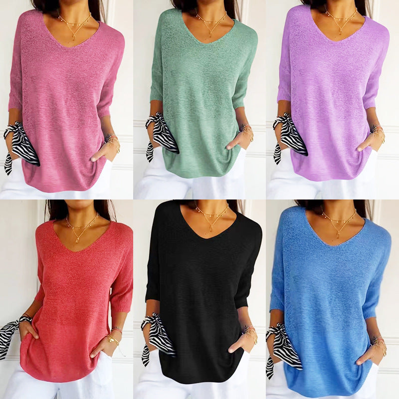 Slimming V-neckline Solid Color Knitwear Women's Bottoming Shirt