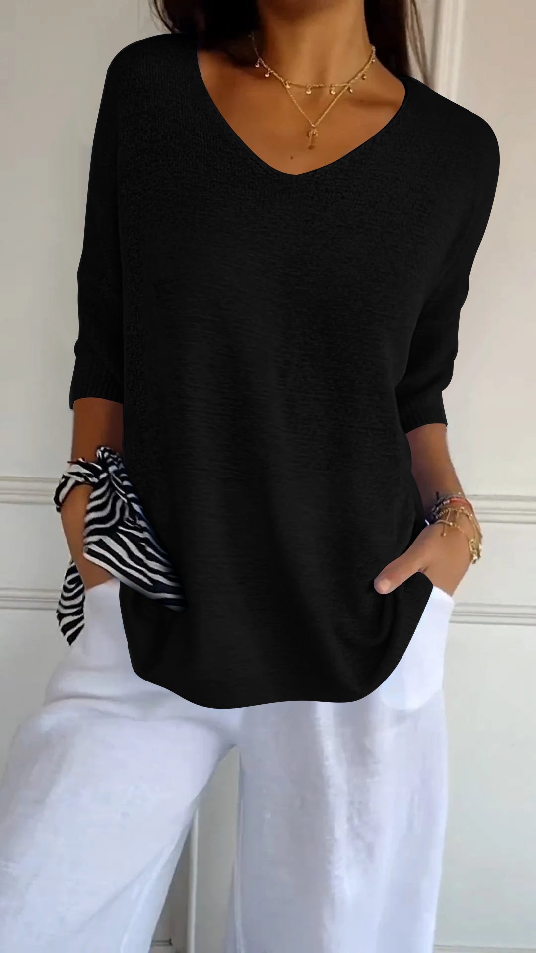 Slimming V-neckline Solid Color Knitwear Women's Bottoming Shirt