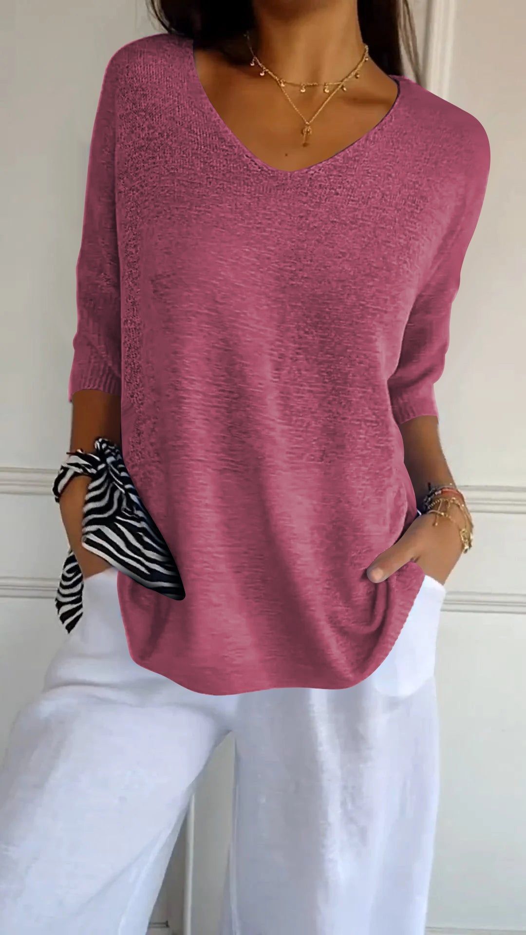 Slimming V-neckline Solid Color Knitwear Women's Bottoming Shirt