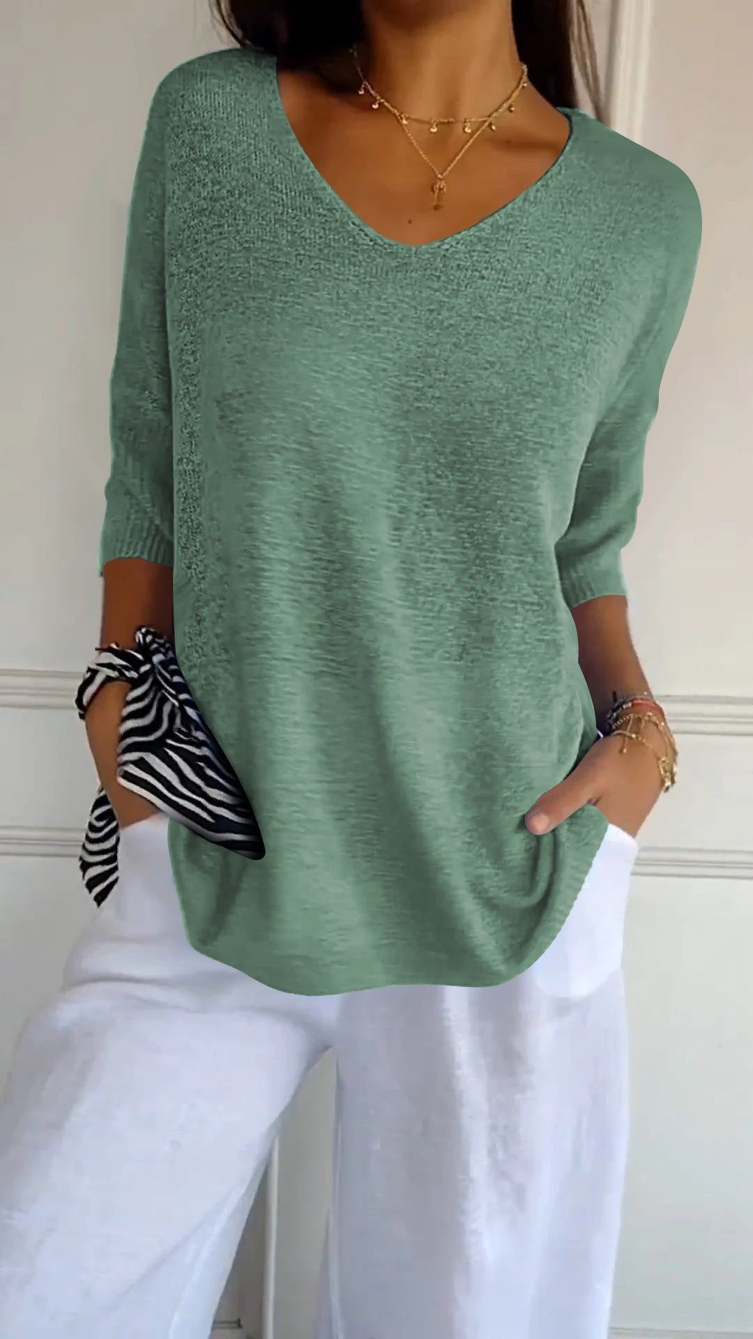 Slimming V-neckline Solid Color Knitwear Women's Bottoming Shirt