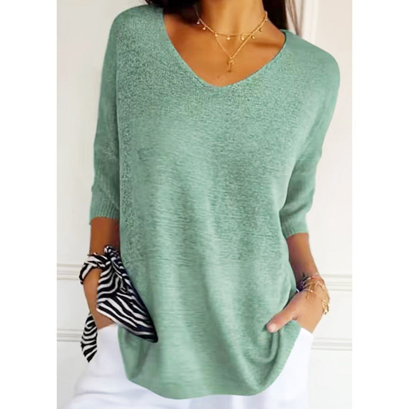 Slimming V-neckline Solid Color Knitwear Women's Bottoming Shirt